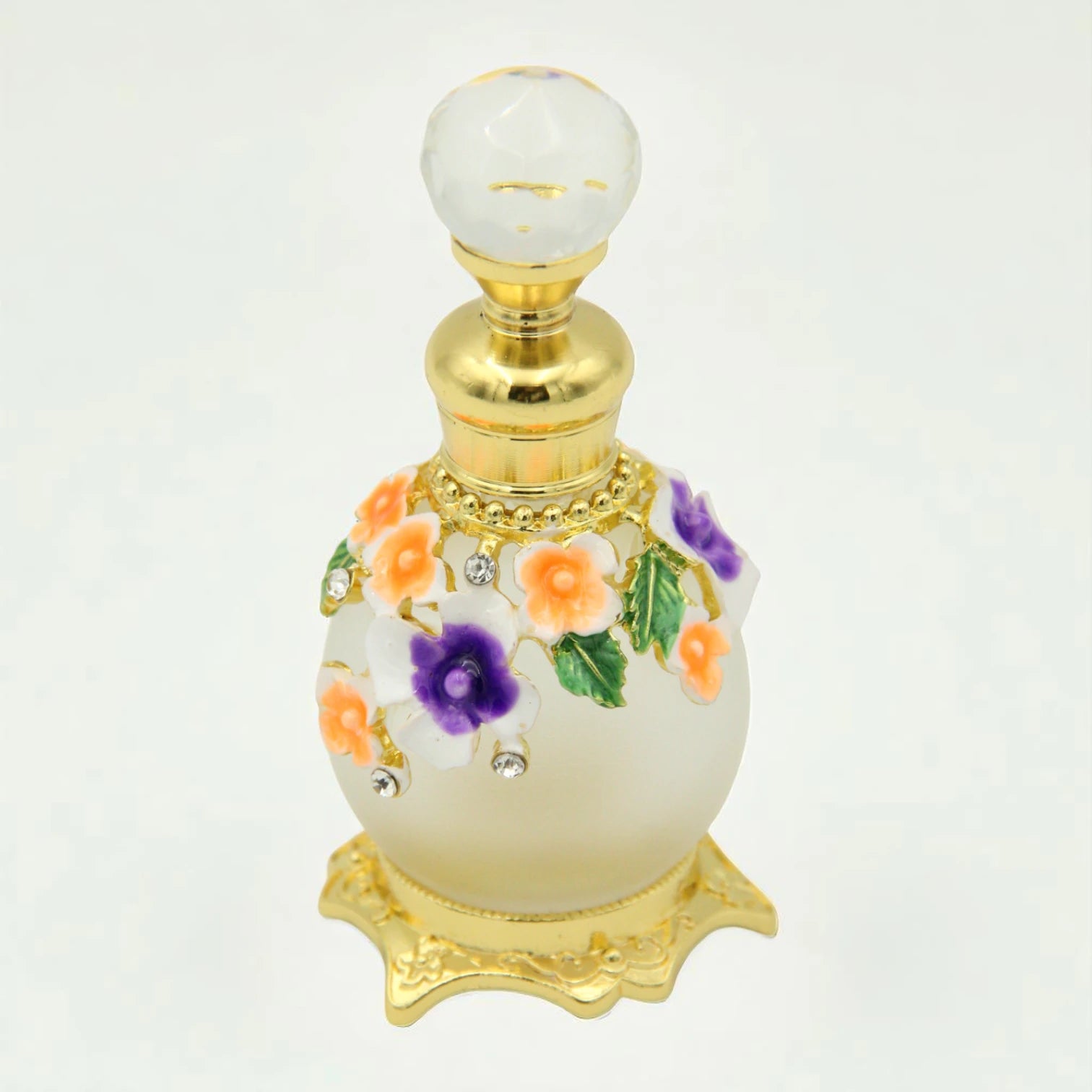 Vintage Floral Glass Perfume Bottle with Crystal Dropper 50 ML – Handcrafted Refillable Scent Bottle with Ornate Gold Base - Damoo