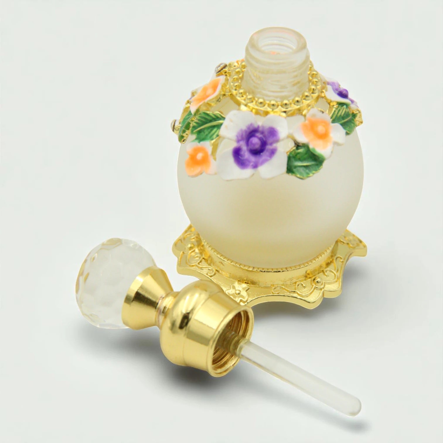 Vintage Floral Glass Perfume Bottle with Crystal Dropper 50 ML – Handcrafted Refillable Scent Bottle with Ornate Gold Base - Damoo