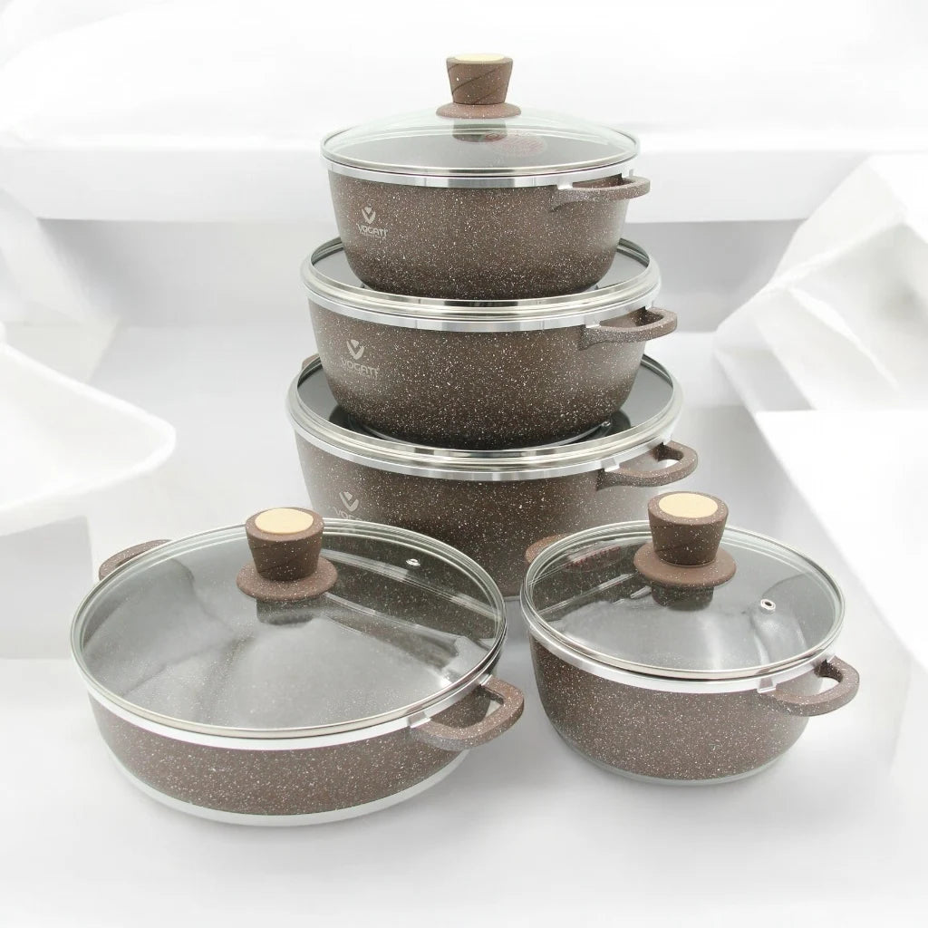 Vogati 10-Piece Premium Die-Cast Aluminum Cookware Set – Easy Cooking Casserole and Shallow Pot with Tempered Glass Lids & Stainless Steel Rims - Damoo