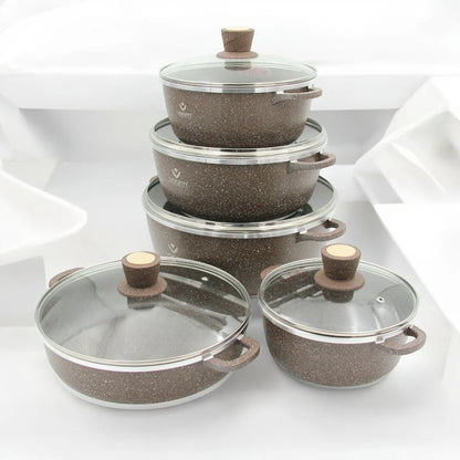 Vogati 10-Piece Premium Die-Cast Aluminum Cookware Set – Easy Cooking Casserole and Shallow Pot with Tempered Glass Lids & Stainless Steel Rims - Damoo