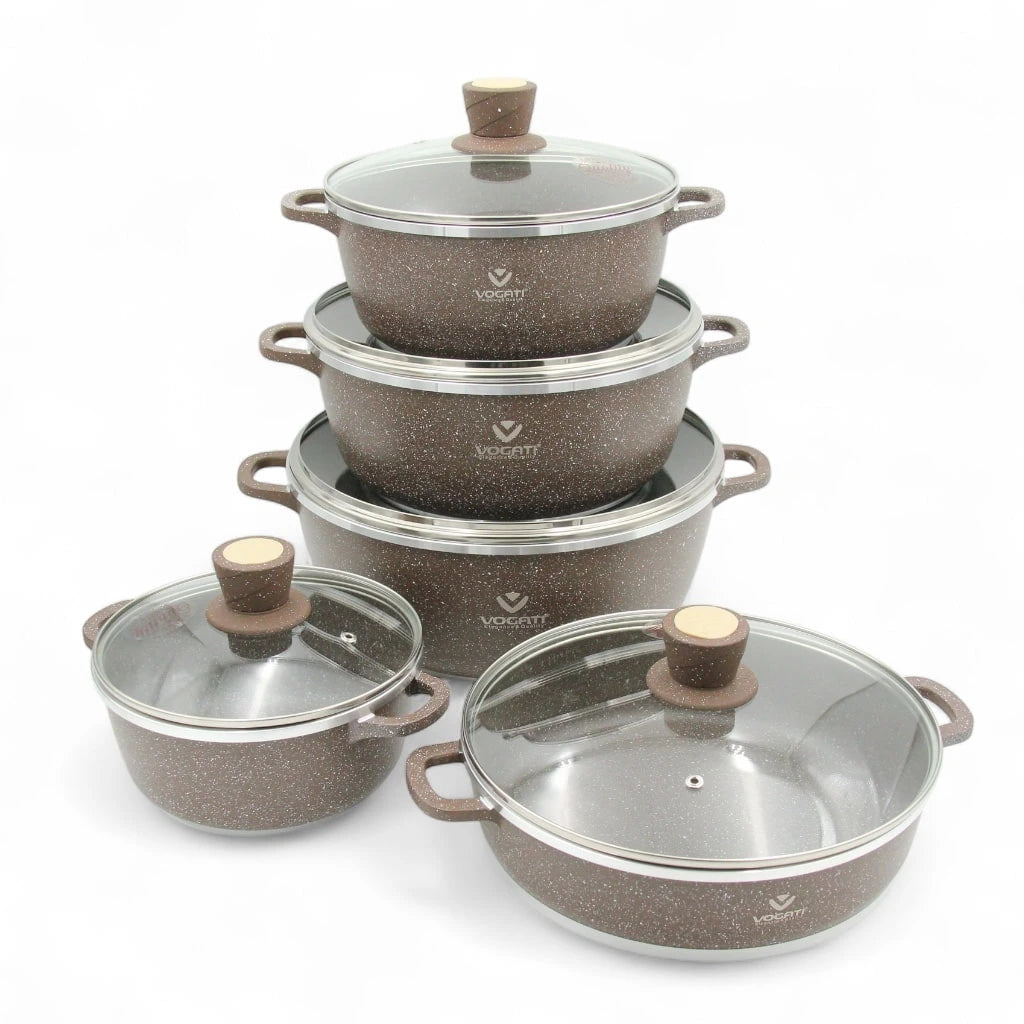 Vogati 10-Piece Premium Die-Cast Aluminum Cookware Set – Easy Cooking Casserole and Shallow Pot with Tempered Glass Lids & Stainless Steel Rims - Damoo