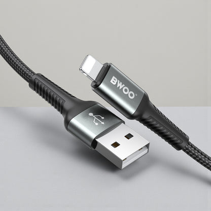 BWOO USB-A to Lightning Fast Charging & Data Cable 2M – Nylon Braided 2.4A High-Speed Transfer with Aluminum Alloy Connectors for iPhone & iPad – Black (BO-X288L-2M)