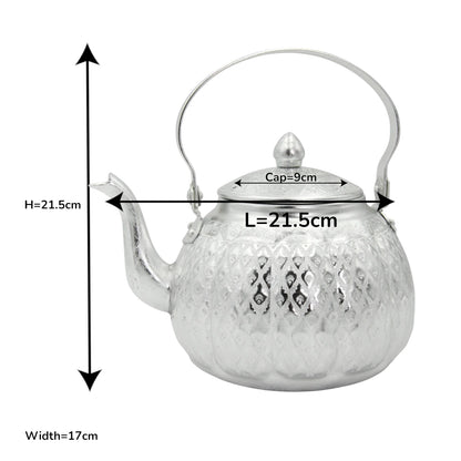 Damoo Traditional Silver Aluminum Kettle – Ornate Handled Teapot for Serving & Decoration - Damoo