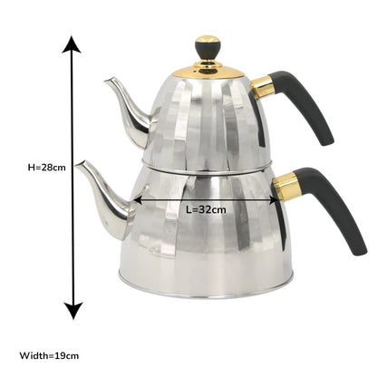 VICALINA Stainless Steel Double Tea Kettle Set  2.5L – Premium Silver & Gold Design with Heat-Resistant Handles & Built-In Tea Filter – Elegant Turkish/Arabic Style for Home & Café - Damoo