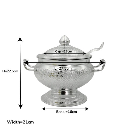 Damoo Traditional Silver Soup Serving Pot with Lid & Spoon – 27.5cm Long – Intricately Engraved Aluminum – Arabic Style Cookware for Soup, Curry & Stew - Damoo