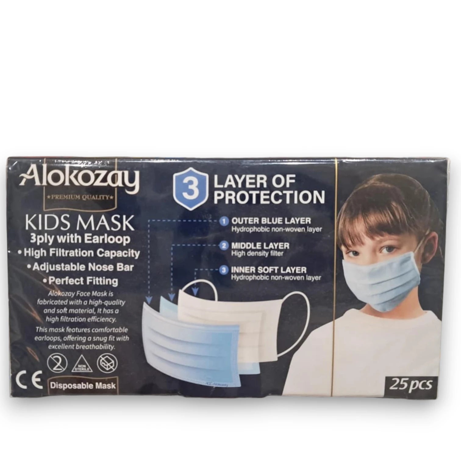 Alokozay Kids 3-Ply Disposable Face Masks – Blue, 25 Pieces | CE Certified, Made in UAE | Comfortable Earloops & Adjustable Nose Bar - Damoo
