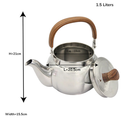 HNT Trading Stainless Steel Kettle 1.5L with Wooden Handle & Lid – Premium Teapot for Home, Office, and Outdoor Use – Durable & Stylish Stainless Steel Ware - Damoo