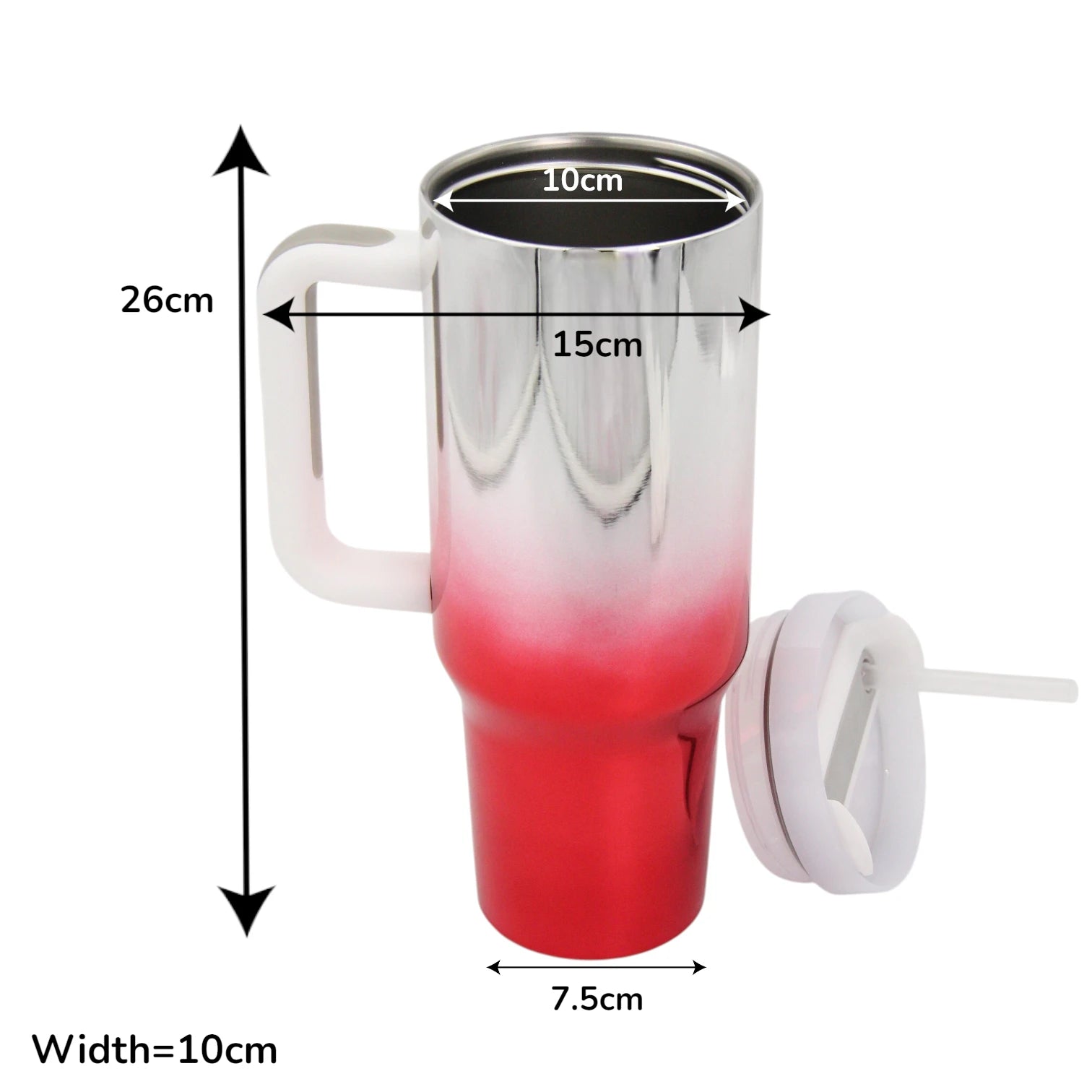 Damoo Electroplated Stainless Steel Travel Mug 50oz with Handle & Lid – Double Wall Insulated Gradient Red Silver Tumbler for Hot & Cold Drinks - Damoo