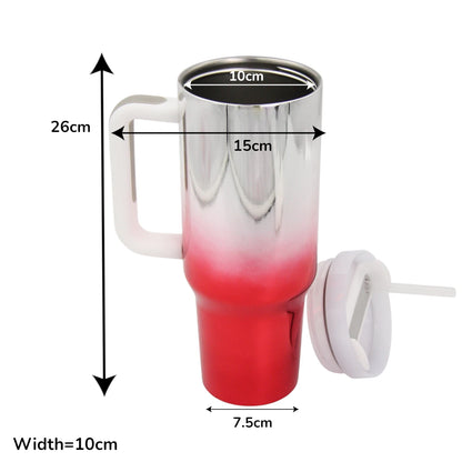 Damoo Electroplated Stainless Steel Travel Mug 50oz with Handle & Lid – Double Wall Insulated Gradient Red Silver Tumbler for Hot & Cold Drinks - Damoo