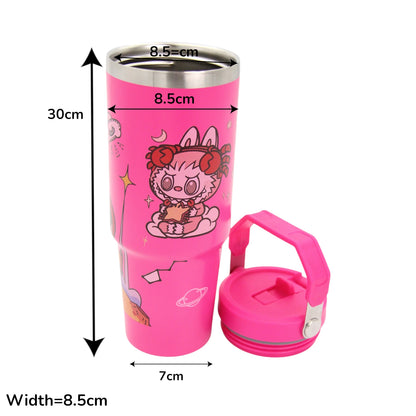 Damoo Pink Cartoon Stainless Steel Travel Tumbler 30cm – Double Wall Insulated Cup with Handle & Lid, Cute Character Design, 850ml Capacity - Damoo