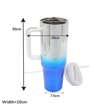 Damoo Electroplated Stainless Steel Travel Mug  with Handle & Lid – Double Wall Insulated Tumbler for Hot & Cold Drinks, Gradient Blue Silver - Damoo