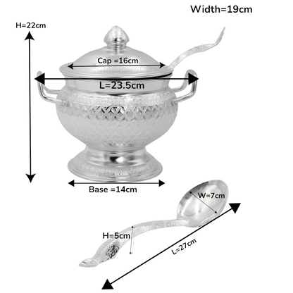 Damoo Traditional Silver Soup Pot with Spoon & Lid – Decorative Hammered Design, 18cm Diameter, Durable Lightweight Aluminum – Ideal for Serving Soup, Stew & Curry (3-Piece Set) - Damoo