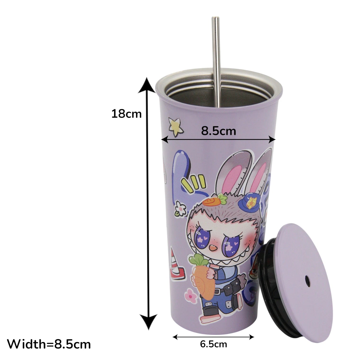 Damoo Purple Cartoon Stainless Steel Tumbler 18cm with Lid & Straw – Double Wall Insulated Cup for Hot & Cold Drinks, Cute Bunny Character Design - Damoo