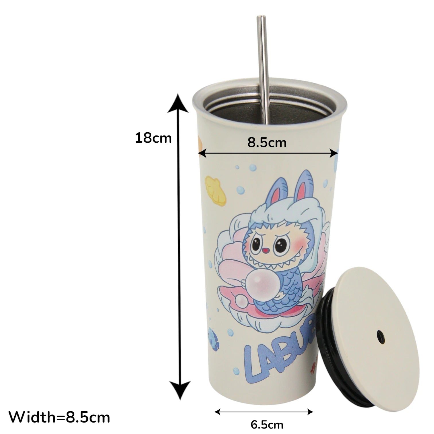 Damoo LABUBU Cartoon Stainless Steel Tumbler 18cm with Lid & Straw – Double Wall Insulated Cup for Hot & Cold Drinks, Cute Character Design - Damoo