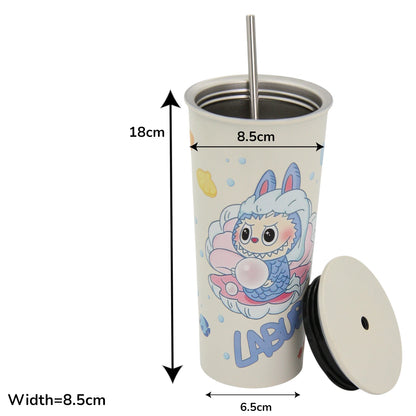 Damoo LABUBU Cartoon Stainless Steel Tumbler 18cm with Lid & Straw – Double Wall Insulated Cup for Hot & Cold Drinks, Cute Character Design - Damoo