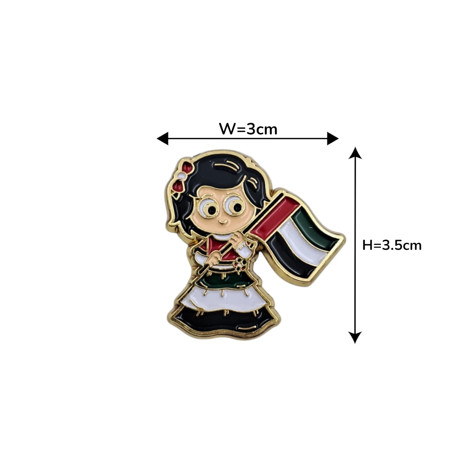 UAE National Day Girl Magnetic Badge – Cute Character Holding UAE Flag | Gold-Plated Lapel Pin for Patriotic Celebrations & Gifts - Damoo