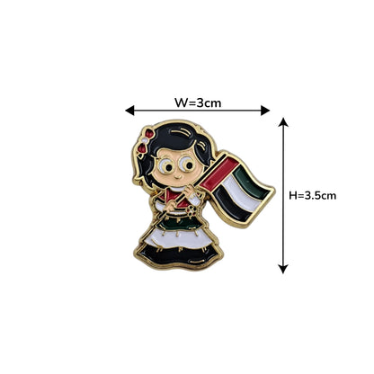UAE National Day Girl Magnetic Badge – Cute Character Holding UAE Flag | Gold-Plated Lapel Pin for Patriotic Celebrations & Gifts - Damoo