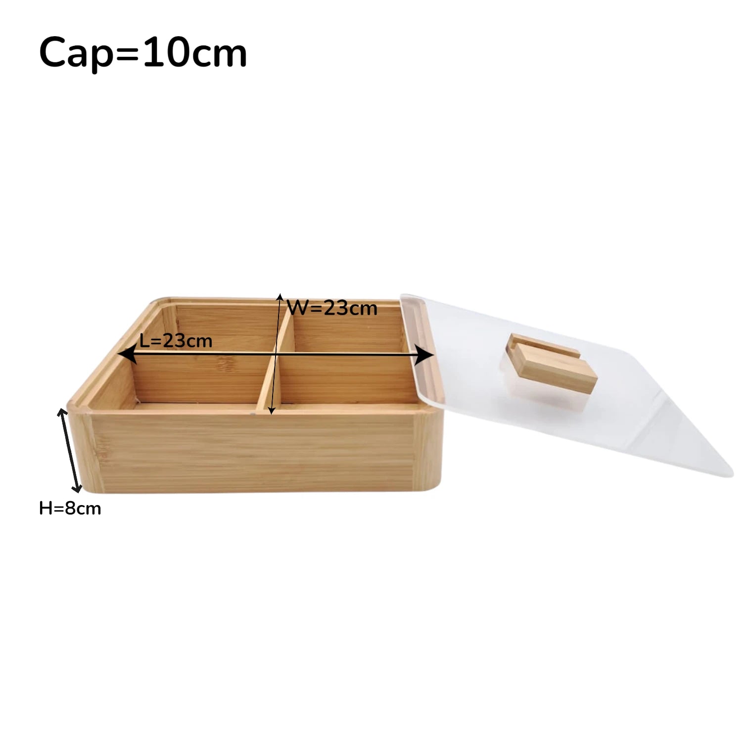Bamboo Wooden Storage Box with Acrylic Lid | 4-Compartment Organizer for Snacks, Dry Fruits, Tea Bags & Spices | Elegant Square Serving Box with Transparent Cover