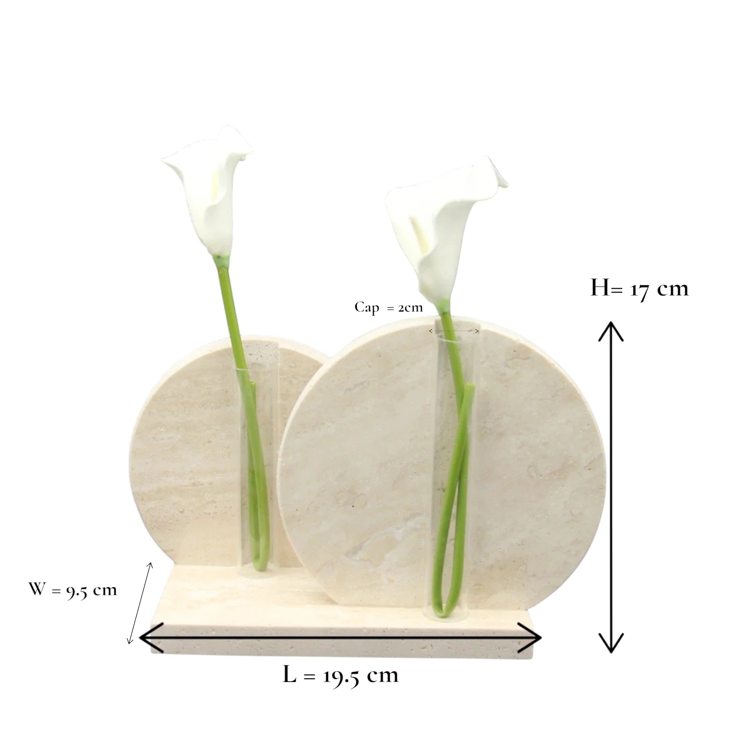 Damoo Modern Minimalist Travertine Stone Flower Vase Duo – Twin Round Circle Vases with Glass Tubes for Elegant Tabletop or Shelf Decor - Damoo