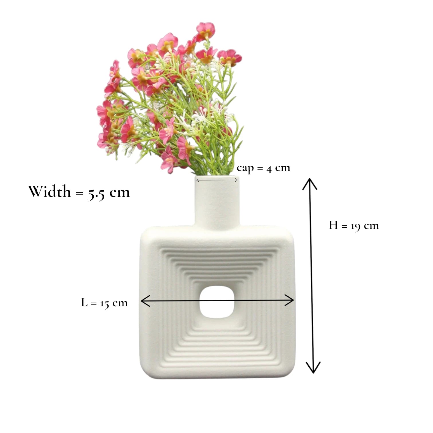 Modern White Square Ceramic Vase with Geometric Cutout Design – Minimalist Matte Finish Decorative Accent for Home, Office, Living Room, Shelf & Table Styling - Damoo