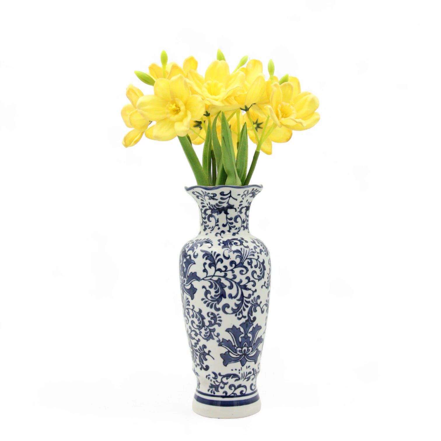White Ceramic Flower Vase with Blue Floral and Branch Design – Elegant Decorative Vase for Living Room, Entryway, or Table Centerpiece - Damoo