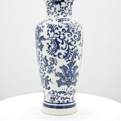 White Ceramic Flower Vase with Blue Floral and Branch Design – Elegant Decorative Vase for Living Room, Entryway, or Table Centerpiece - Damoo
