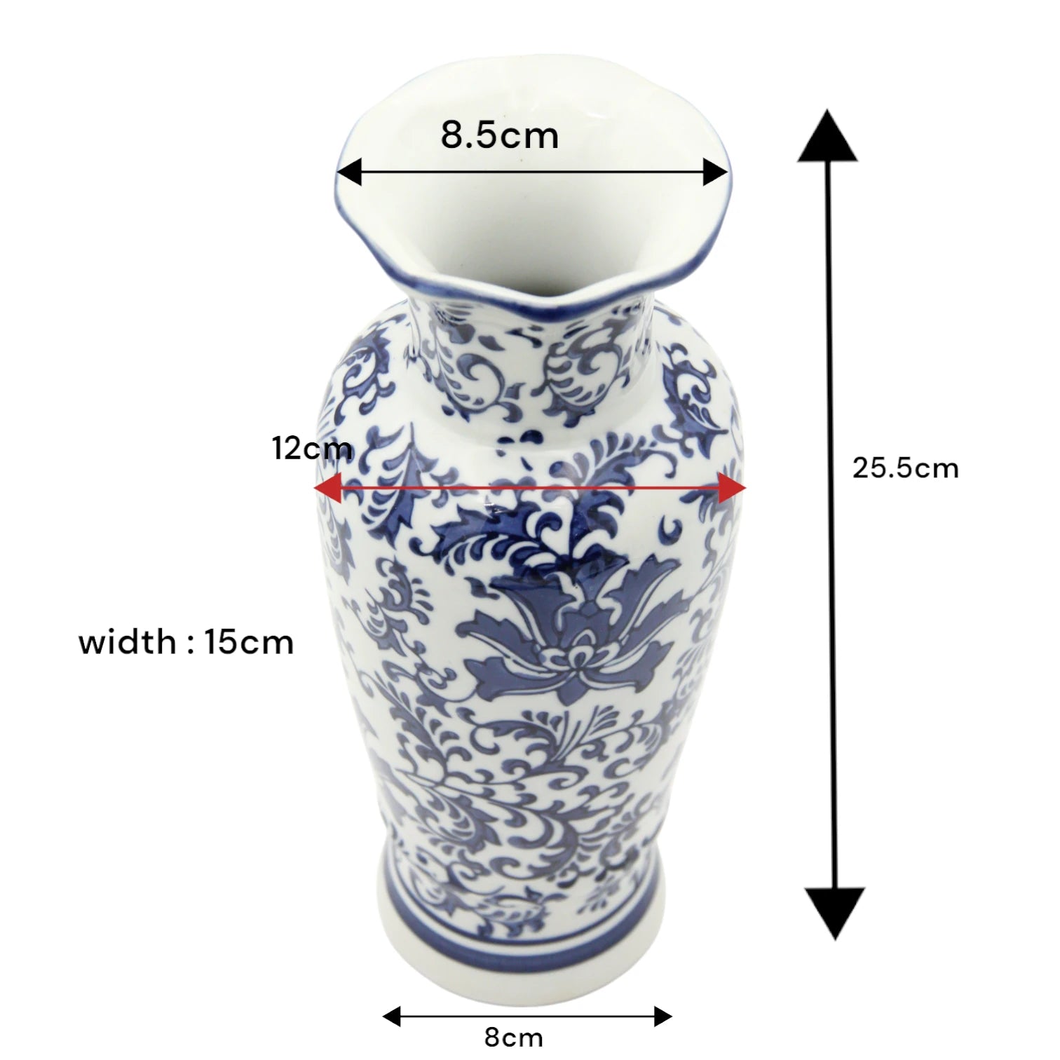 White Ceramic Flower Vase with Blue Floral and Branch Design – Elegant Decorative Vase for Living Room, Entryway, or Table Centerpiece - Damoo