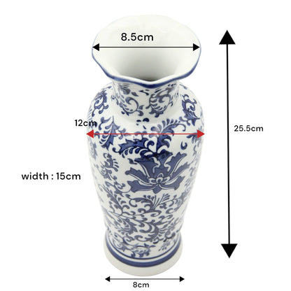 White Ceramic Flower Vase with Blue Floral and Branch Design – Elegant Decorative Vase for Living Room, Entryway, or Table Centerpiece - Damoo