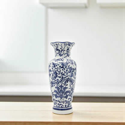 White Ceramic Flower Vase with Blue Floral and Branch Design – Elegant Decorative Vase for Living Room, Entryway, or Table Centerpiece - Damoo