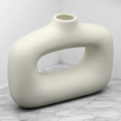 White Ceramic Geometric Flower Vase – Unique Hollow Design Modern Vase for Home & Office Décor, Dining Table or Shelf Centerpiece - Damoo