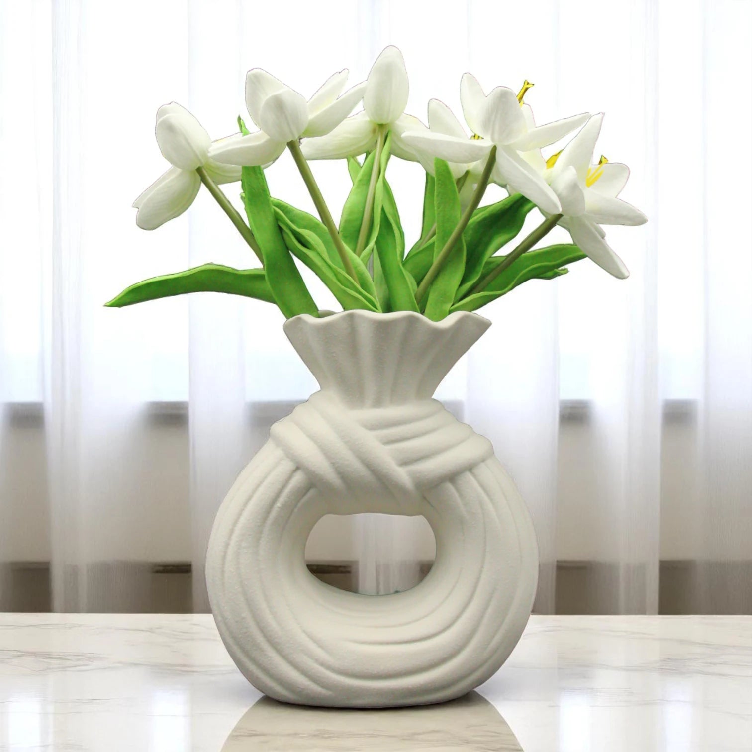 White Ceramic Unique Donut Shaped Vase – Modern Minimalist Vase for Home, Wedding, Office, or Party Decor – Unique Hollow Design Decorative Gift - Damoo