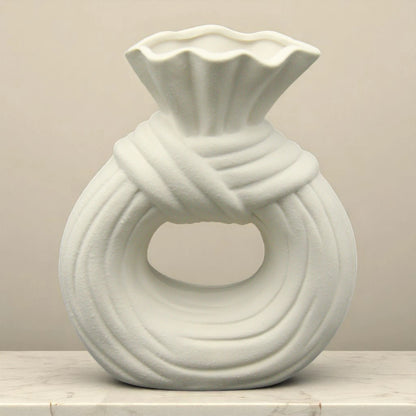 White Ceramic Unique Donut Shaped Vase – Modern Minimalist Vase for Home, Wedding, Office, or Party Decor – Unique Hollow Design Decorative Gift - Damoo
