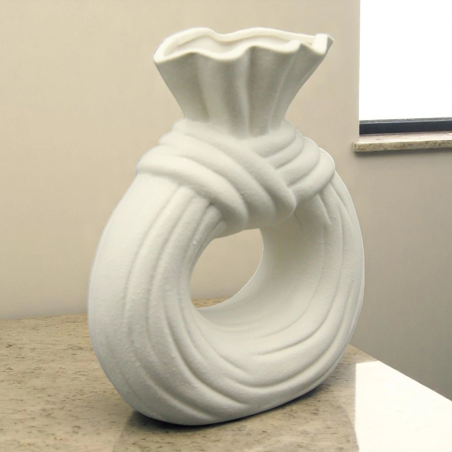White Ceramic Unique Donut Shaped Vase – Modern Minimalist Vase for Home, Wedding, Office, or Party Decor – Unique Hollow Design Decorative Gift - Damoo
