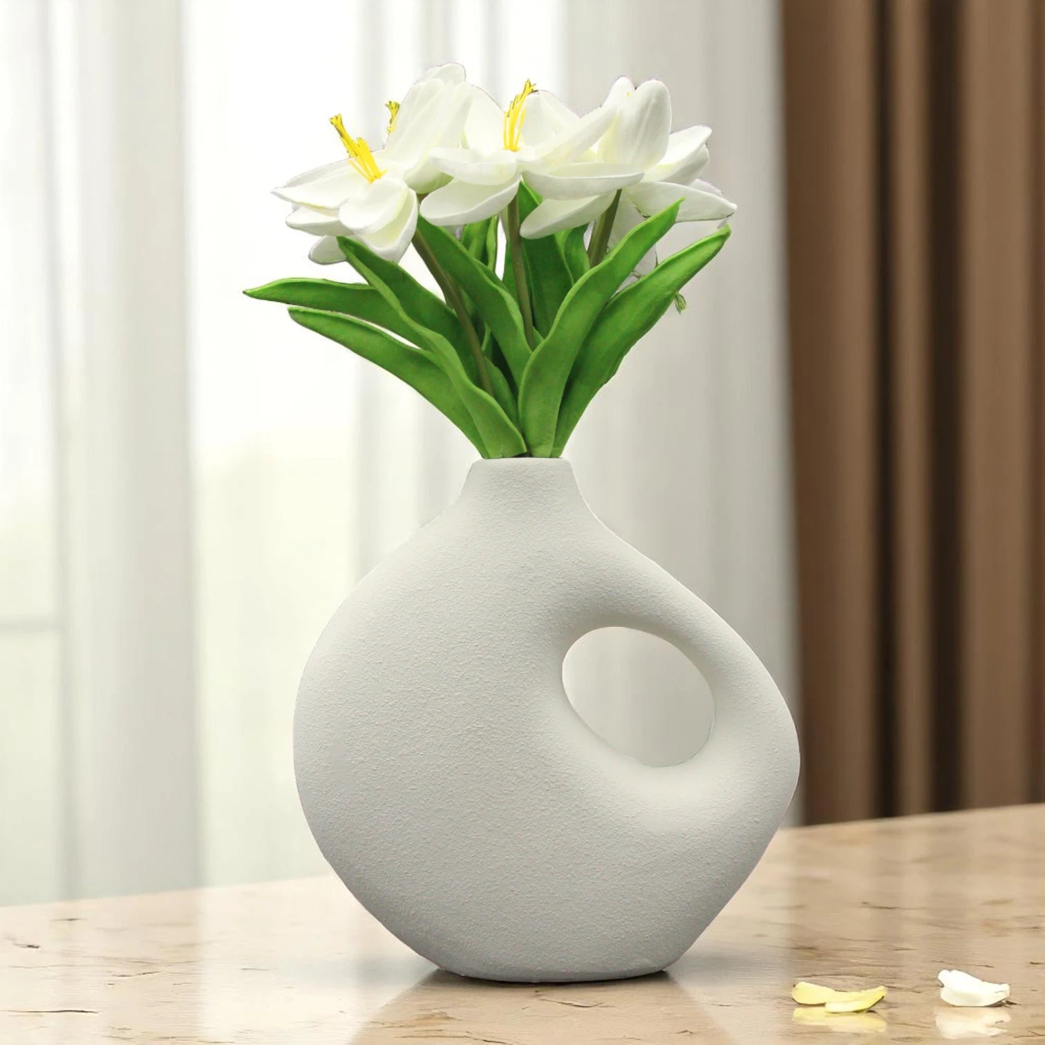 White Ceramic Vase with Handle – Modern Rustic Decorative Pottery Vase with Matte Textured Finish for Home Decor & Centerpieces - Damoo