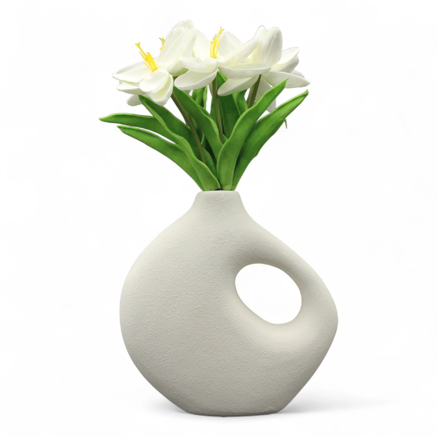 White Ceramic Vase with Handle – Modern Rustic Decorative Pottery Vase with Matte Textured Finish for Home Decor & Centerpieces - Damoo