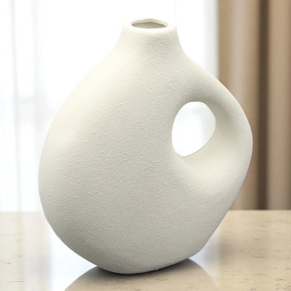 White Ceramic Vase with Handle – Modern Rustic Decorative Pottery Vase with Matte Textured Finish for Home Decor & Centerpieces - Damoo