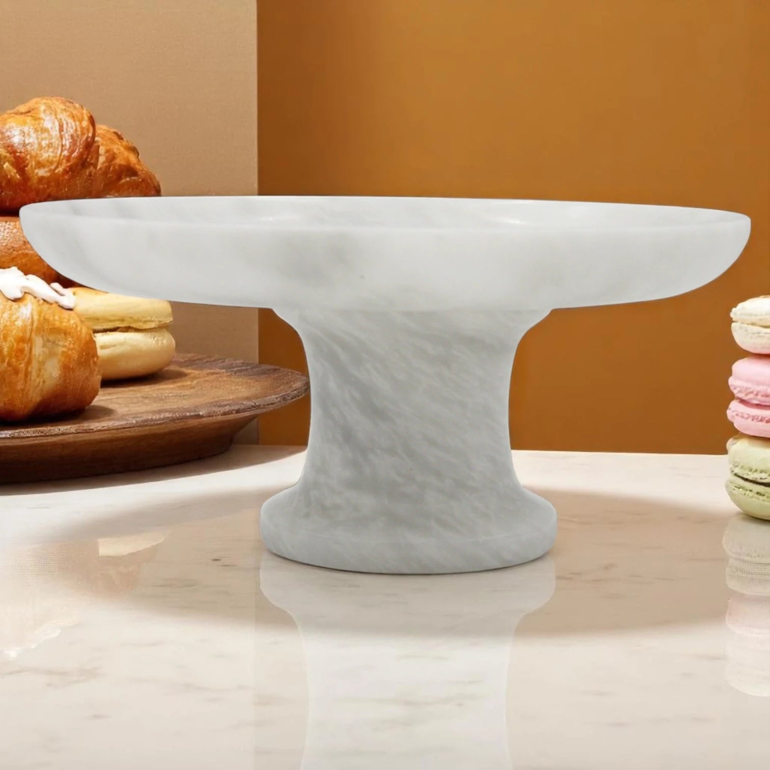 White Marble-Style Round Serving Plate on Stand – Modern Stone-Look Cake Stand for Kitchen, Dining Table & Living Room - Elegant Display Tray for Pastries, Fruits & Décor - Damoo