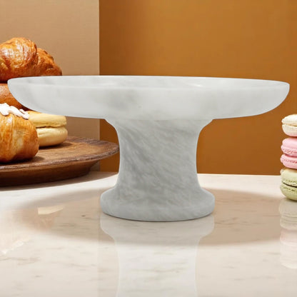 White Marble-Style Round Serving Plate on Stand – Modern Stone-Look Cake Stand for Kitchen, Dining Table & Living Room - Elegant Display Tray for Pastries, Fruits & Décor - Damoo