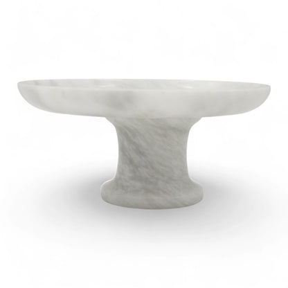 White Marble-Style Round Serving Plate on Stand – Modern Stone-Look Cake Stand for Kitchen, Dining Table & Living Room - Elegant Display Tray for Pastries, Fruits & Décor - Damoo