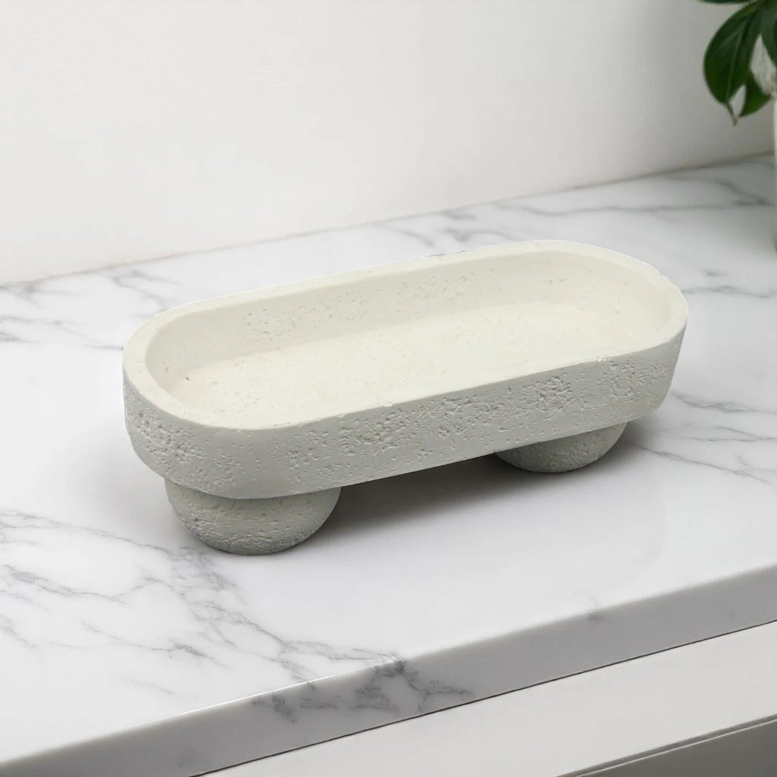 White Stone Oval Tray – Multipurpose Decorative Storage Tray for Bathroom, Vanity, Kitchen, Countertop Organization & Serving Fruits, Candies, Towels, Soaps, or Décor - Damoo