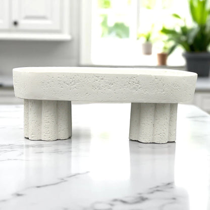 White Stone Oval Tray with Decorative Legs – Elevated Multipurpose Storage & Display Tray for Bathroom, Vanity, Kitchen & Countertops - Ideal for Soap, Candles, Towels, Fruits & More - Damoo