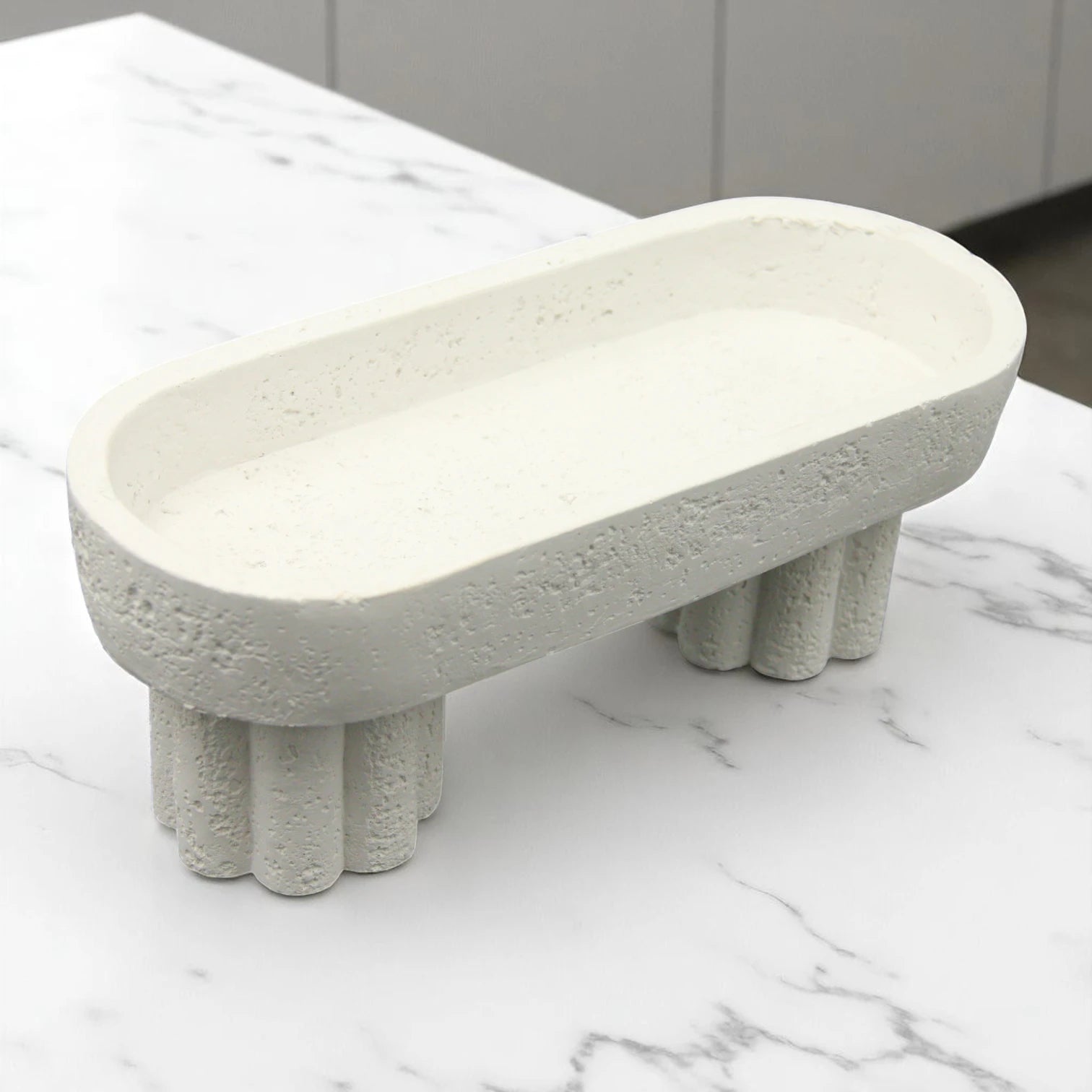 White Stone Oval Tray with Decorative Legs – Elevated Multipurpose Storage & Display Tray for Bathroom, Vanity, Kitchen & Countertops - Ideal for Soap, Candles, Towels, Fruits & More - Damoo