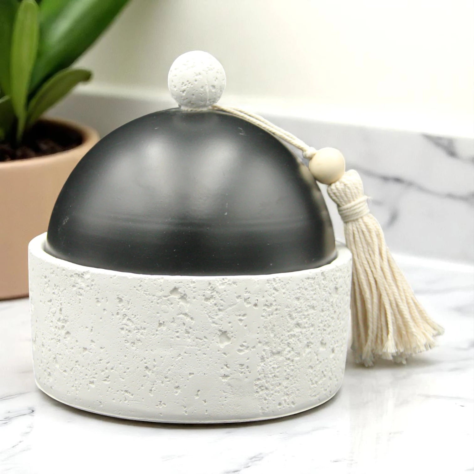 White Stone Storage Bowl with Black Lid – Multipurpose Decorative Bowl with Handle for Bathroom, Vanity & Kitchen Organization - Perfect for Candies, Nuts, Soaps & More - Damoo