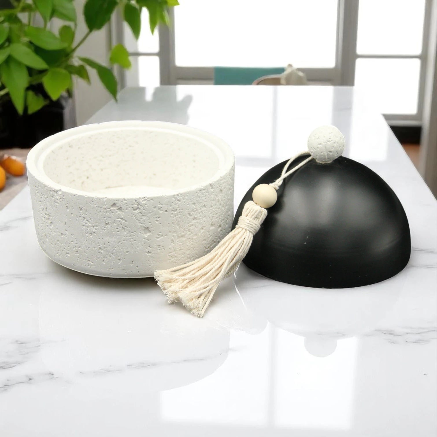 White Stone Storage Bowl with Black Lid – Multipurpose Decorative Bowl with Handle for Bathroom, Vanity & Kitchen Organization - Perfect for Candies, Nuts, Soaps & More - Damoo