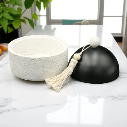 White Stone Storage Bowl with Black Lid – Multipurpose Decorative Bowl with Handle for Bathroom, Vanity & Kitchen Organization - Perfect for Candies, Nuts, Soaps & More - Damoo