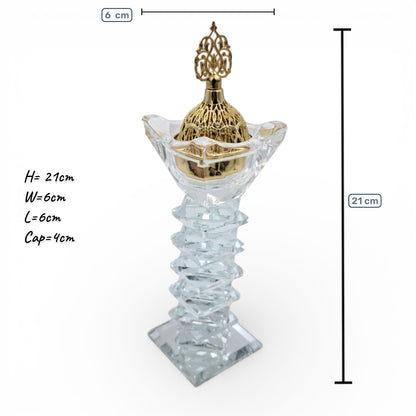 Luxury Crystal Mibkhara Incense Burner – Black or White Glass with Gold Lid, Decorative Bakhoor Burner for Home & Majlis (21H x 6L × 6W CM) - Damoo