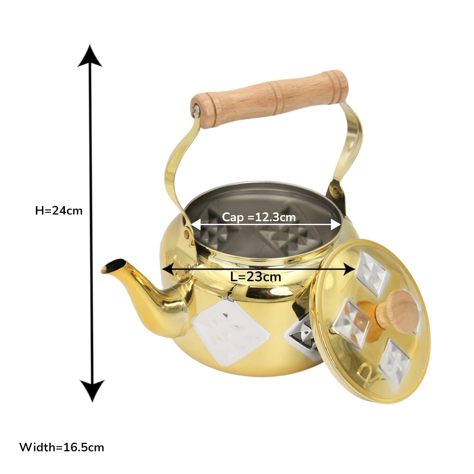 GERMAX Golden Stainless Steel Kettle 2.2 Liters – Elegant Diamond Pattern, Wooden Handle, Durable Design – Premium Water Boiler for Home & Tea Lovers - Damoo