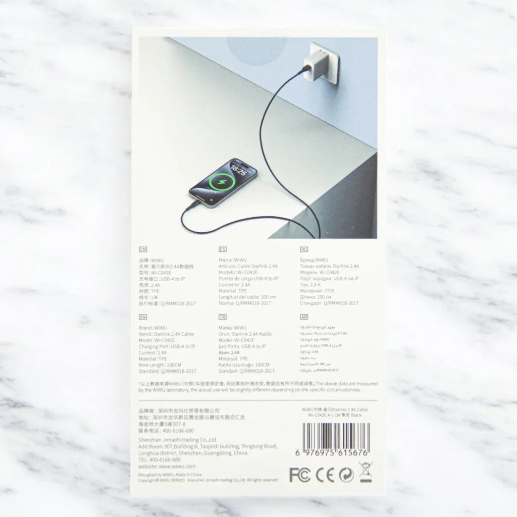 Wiwu Lightning Cable 1 M – 2.4A Fast Charging & Data Sync for iPhone, iPad, AirPods – Black - Damoo