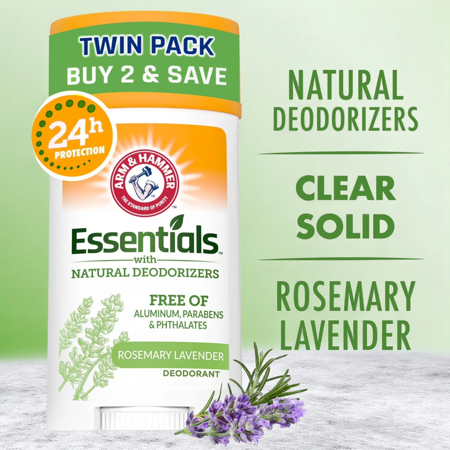 Arm & Hammer Essentials Natural Deodorant Stick Rosemary & Lavender – Twin Pack (2 x 71g) | 24H Odor Protection | Aluminum-Free, Paraben-Free & Gentle on Skin - Damoo