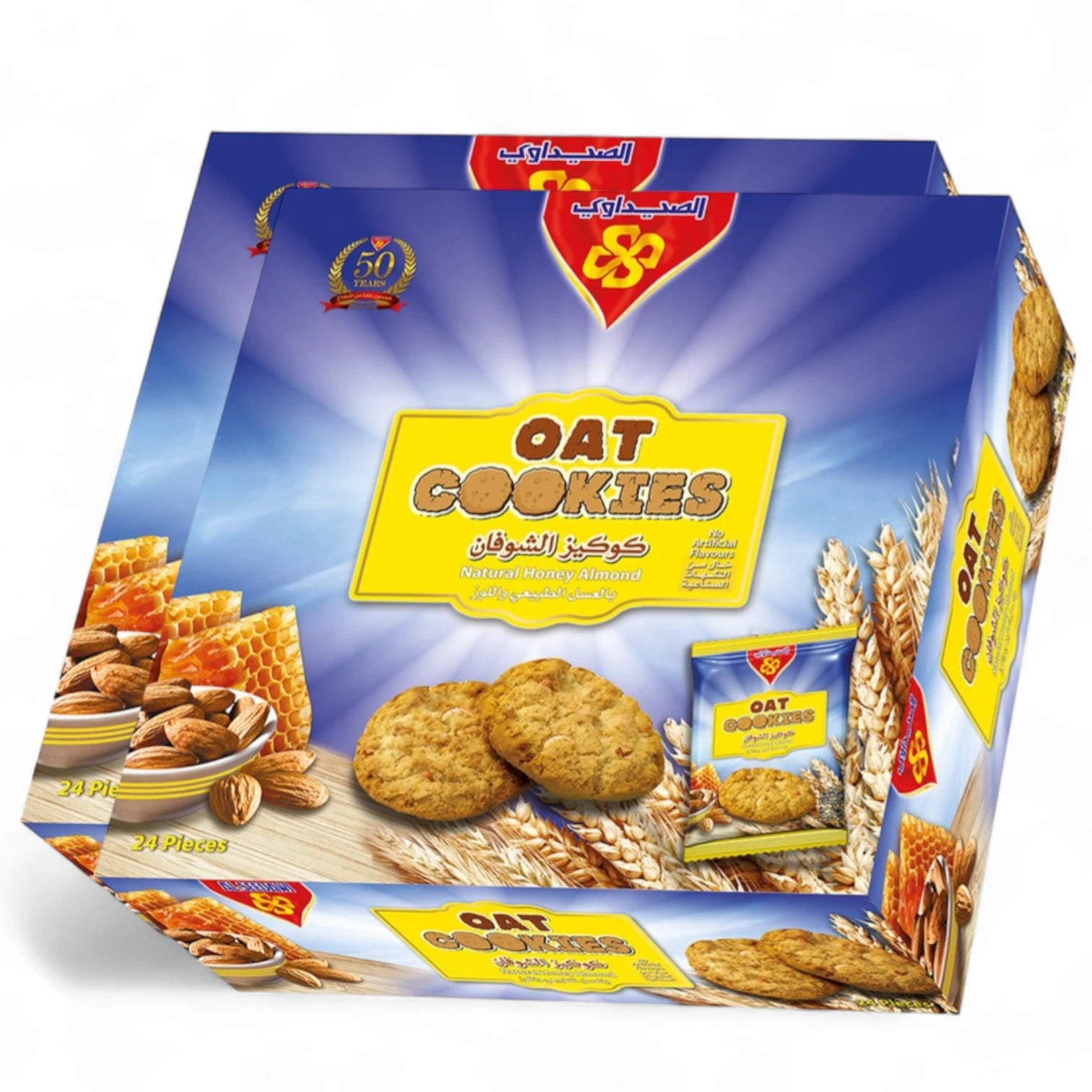 Al-Seedawi Natural Honey Almond Oat Cookies – 2 x 216g | With Real Honey, Oats & Almonds | Healthy Snack with Natural Ingredients (48 Pieces) - Damoo